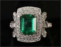 ONE PLATINUM 3.00CT EMERALD & 0.97CT DIAMOND RING