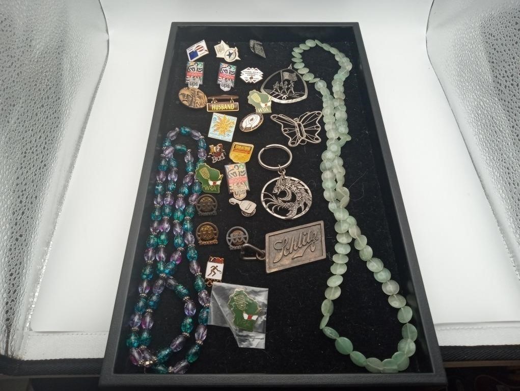 Jade Necklace & Enamel Pins Jewelry lot