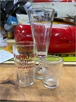 Lot of 3, 2 dose glasses and a beer glass