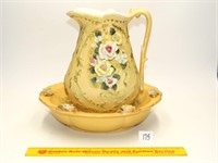 Ceramic Pitcher and Bowl with 3D Flowers