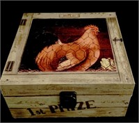 Wooden storage box depicting a hen in a coop
