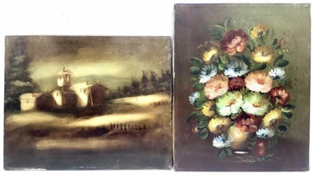 (2) Vintage Still Life Oil On Canvas Landscapes