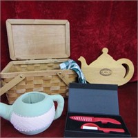 Picnic Basket, tea pot cutting board, knife set,