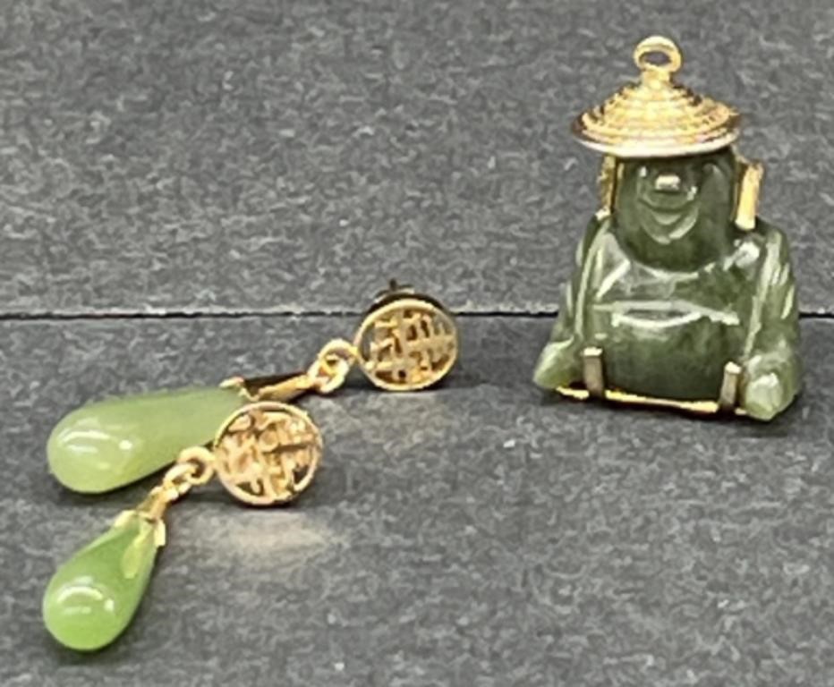 (BC) Jade Earrings And Jade Carved Pendant With