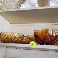 SHELF OF AMBER GLASS - DIVIDED PLATES AND BOWLS