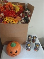 Box of Fall Artificial Flowers and Assorted Decor