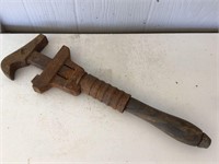 ANTIQUE PIPE WRENCH WITH WOODEN HANDLE
