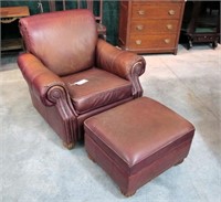 Leather reclining back arm chair with ottoman