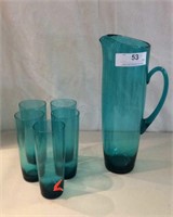Turquoise Blue Pitcher And 5 Tumblers