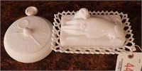 Vintage Milk glass figural clock covered powder