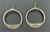 Navajo Turquoise & Coral chip inlay hoop earrings