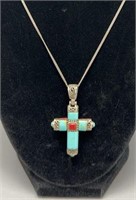 Sterling Silver faux Turquoise & Coral Cross