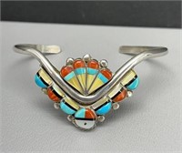 Signed Zuni Turquoise & Coral inlay bracelet