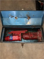 Blue Metal toolbox with (2) bottle jacks