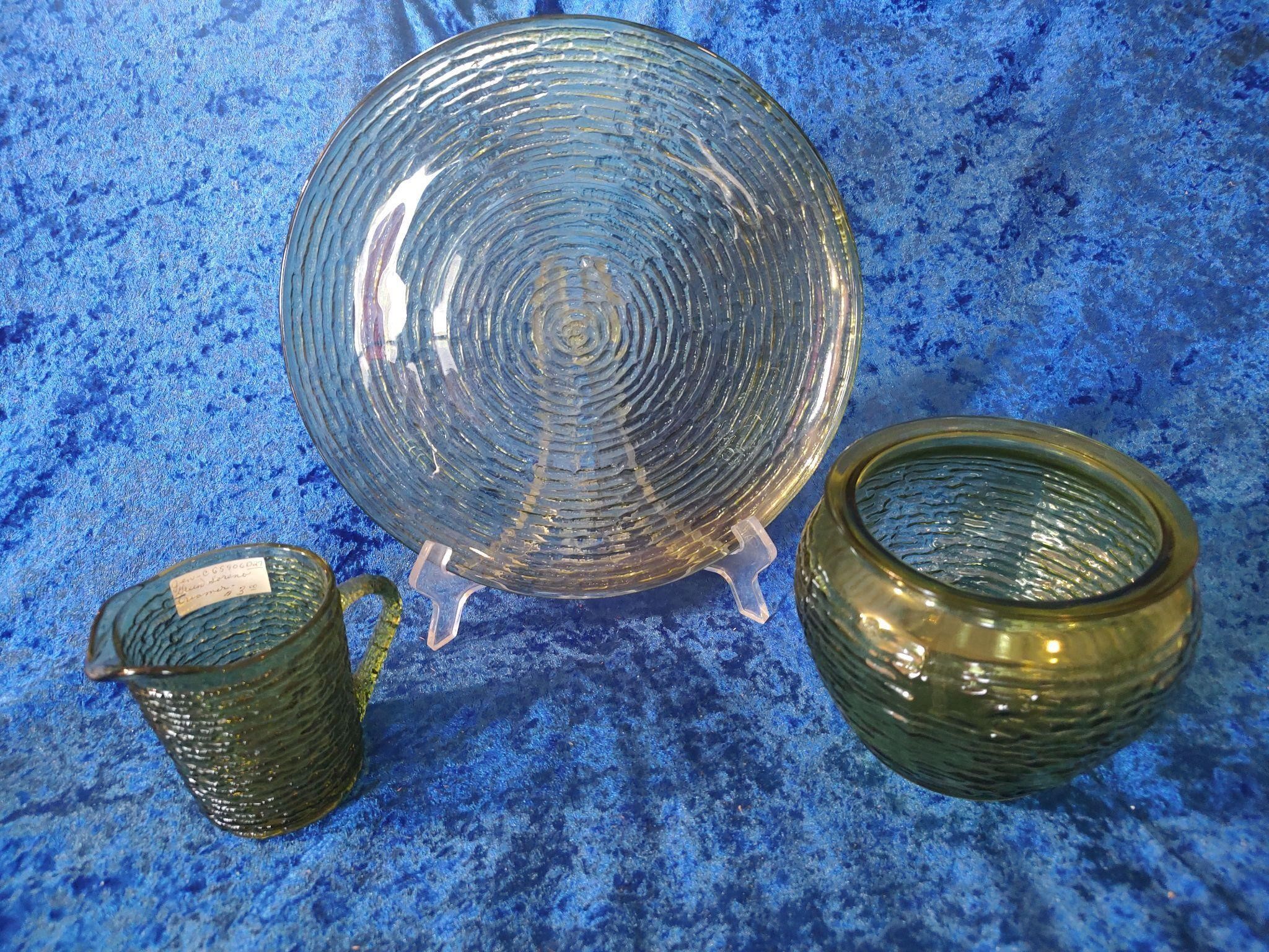 Ripple crinkle green glass pitcher plate bowl
