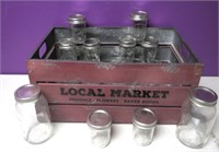 Repro Galvanized Metal Crate W/ Glass Mason Jars