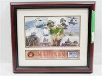 USMC Print With Pin & Stamp Framed 14 x 12"