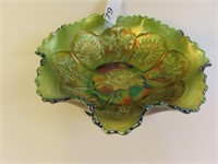 Peacock & Grape Carnival Glass Bowl - 8" Dia