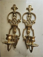 Vintage Pair  Brass  Candle Sconces  Fleur de Lis