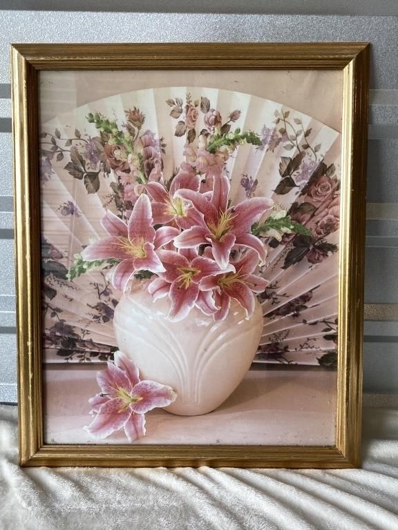 Still Life Floral with Fan Lithograph