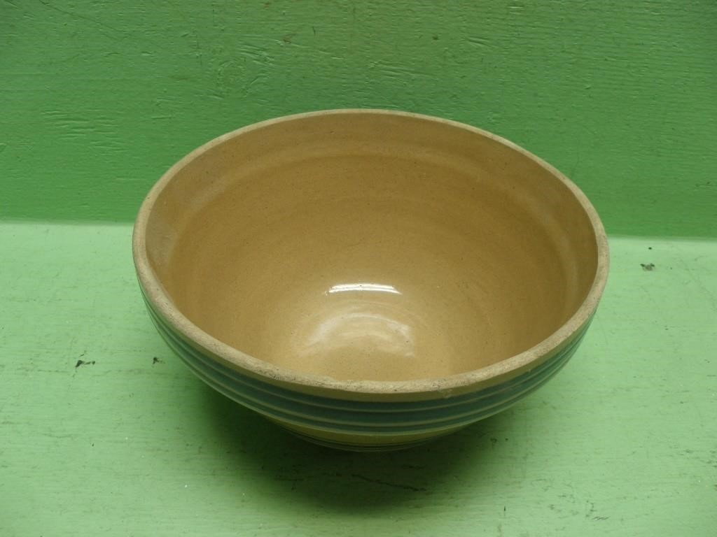 Antique Yellow Ware Crock Bowl With Blue Stripes
