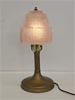 BRASS ART DECO LAMP WITH FROSTED PINK SHADE