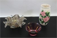 Pink Glass Bowls & Rose Vase