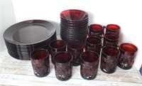 RUBY RED FRENCH PRESSED GLASS DINNER SET