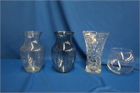 Three vases and a rose bowl, two 8" and 8.25"