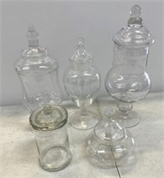 5 Glass Decorative Covered Jars 5-12"
