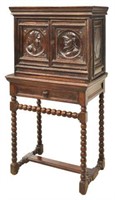 SPANISH CARVED OAK STEPBACK CABINET ON STAND