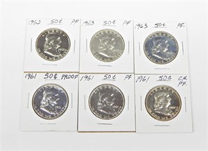 SIX (6) PROOF FRANKLIN HALVES - 1961 to 1963