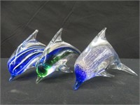 3 ART GLASS DOLPHIN FIGURES