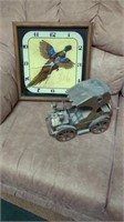 PHEASANT CLOCK AND A BRASS ANTIQUE CAR WHICH