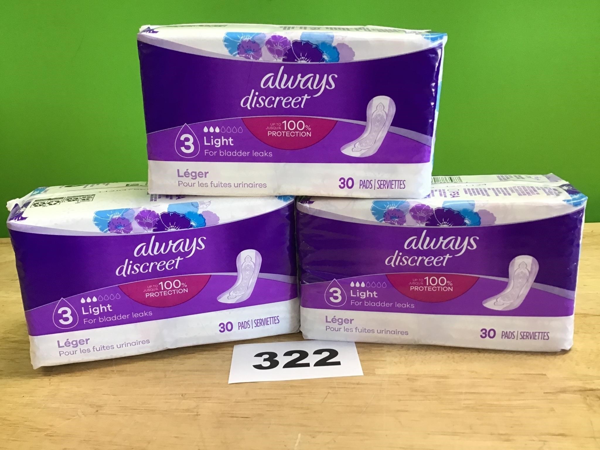 30pk Always Discreet Light Pads lot of 3