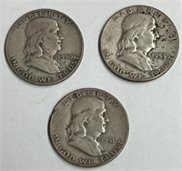 1950, 1951 & 1953 Franklin Half Dollar 90% Silver