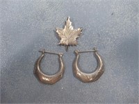 Sterling Tested Earrings & Leaf Pin