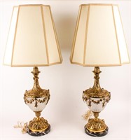Pair Mid-Century Marble Brass Glass Cherub Lamps