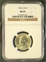 US Coins 1952-D Washington Quarter MS64 NGC