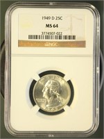 US Coins 1949-D Washington Quarter MS64 NGC