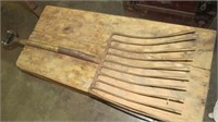 EARLY WOOD HANDLE PITCH FORK, 47" LONG, 16" WIDE