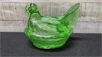 Rare Green Glass Hen On Nest 7" Long X 5" High