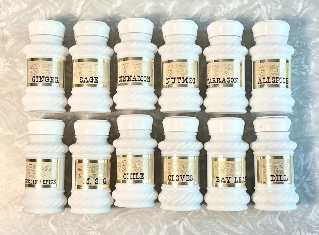 Set of 12 milk glass spice jars