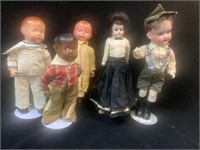 5 Antique Dolls, 4 Boys and a Girl, Three on stand