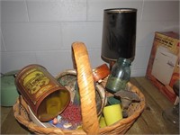 BASKET OF HOUSEHOLD GOODS AND LAMP