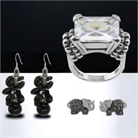 Black Agate Earrings, Elephant Studs & CZ Ring