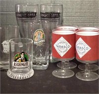 Various printed glasses and Tabasco glasses