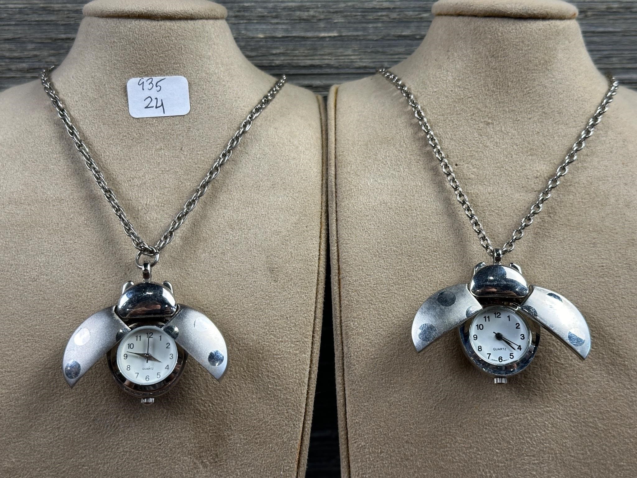 Lot Of 2 Ladybug Necklace Watch Pendants