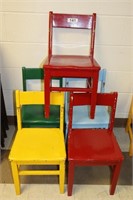 Five wooden childrens chairs