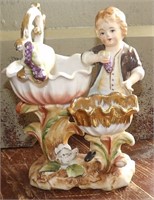 Antique Bisque Double Vase Boy Vineyard Figurine